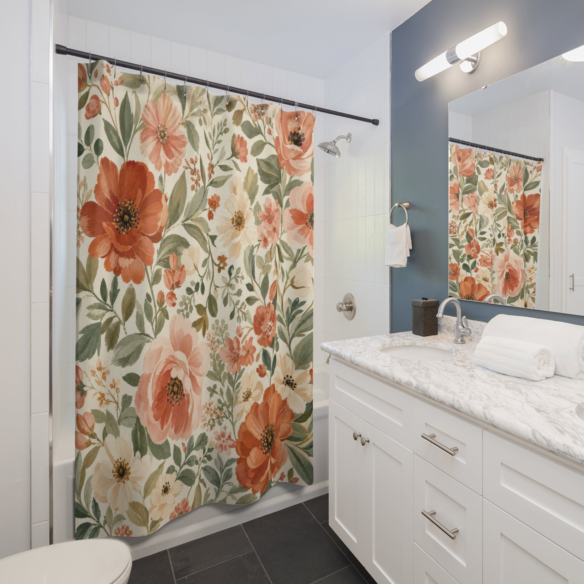 Peach Coral Poppy Garden Floral Shower Curtain