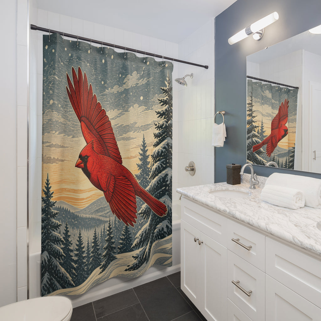 Red cardinal flying above snowy pines shower curtain beside a white vanity