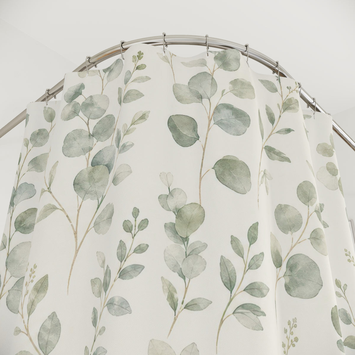 Sage Green Botanical eucalyptus soft shower curtain with close-up print, hooks, and folds
