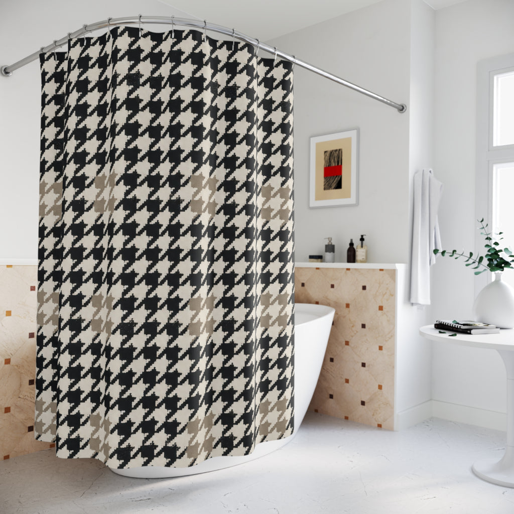 Black Houndstooth Shower Curtain, Classic Check Bath Decor, Warm Off White Geometric Pattern, Modern Neutral Guest Bathroom Style Decor