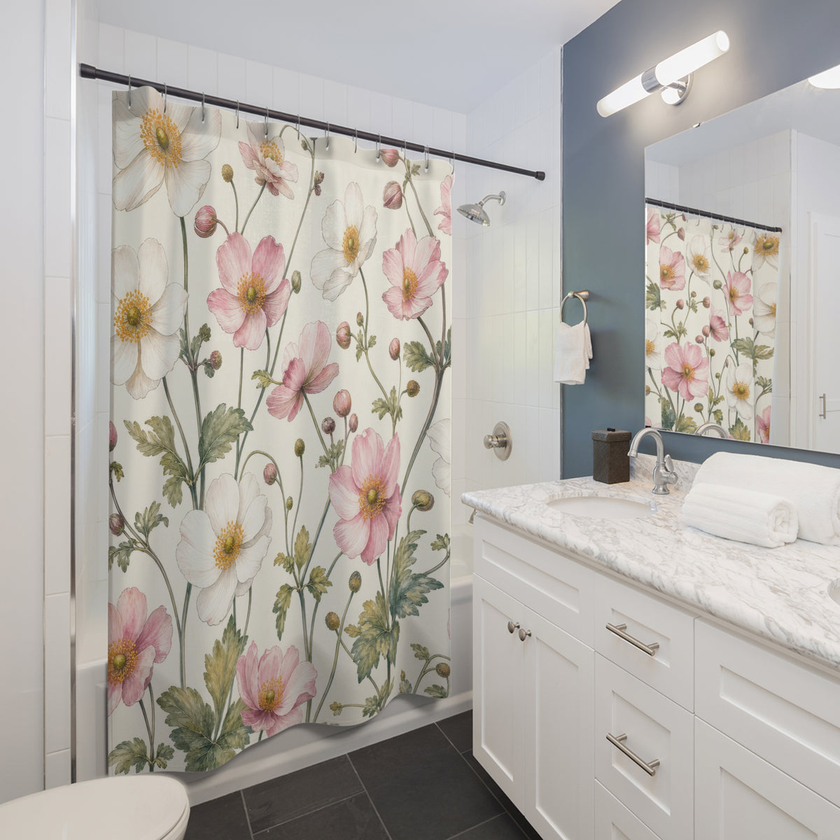 Pink White Anemone Botanical flower shower curtain beside a white vanity