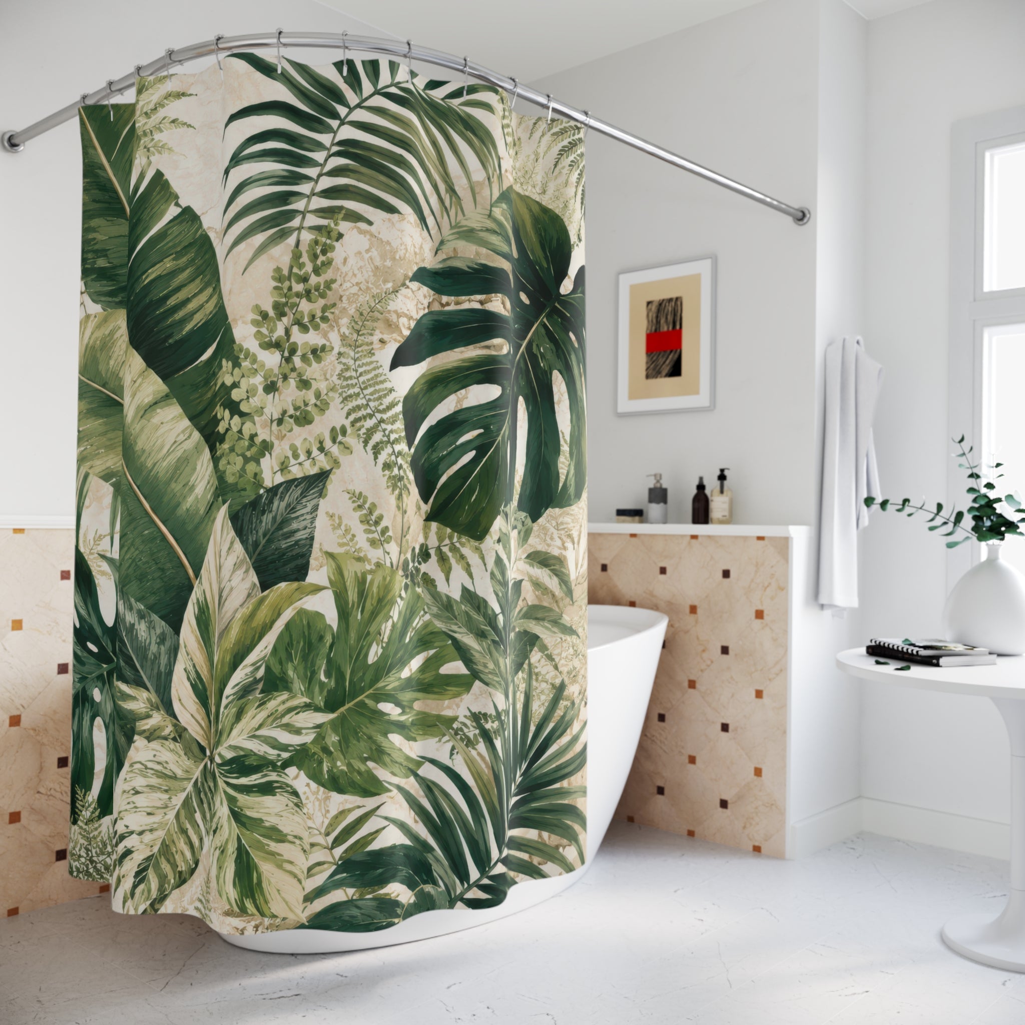 Green Beige Tropical Leaf Shower Curtain: Monstera Palm