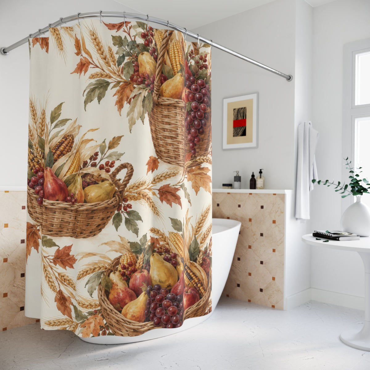 Harvest baskets with corn, pears and grapes on cream shower curtain beside a freestanding tub