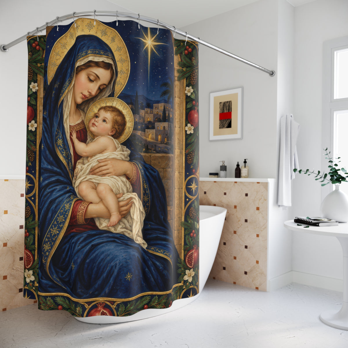 Virgin Mary and child beneath the Bethlehem star shower curtain beside a freestanding tub