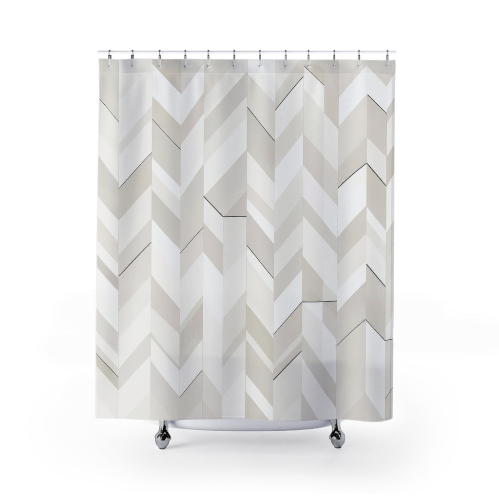 White and greige herringbone terraces with dark accents shower curtain with full front view