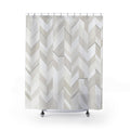 White and greige herringbone terraces with dark accents shower curtain with full front view