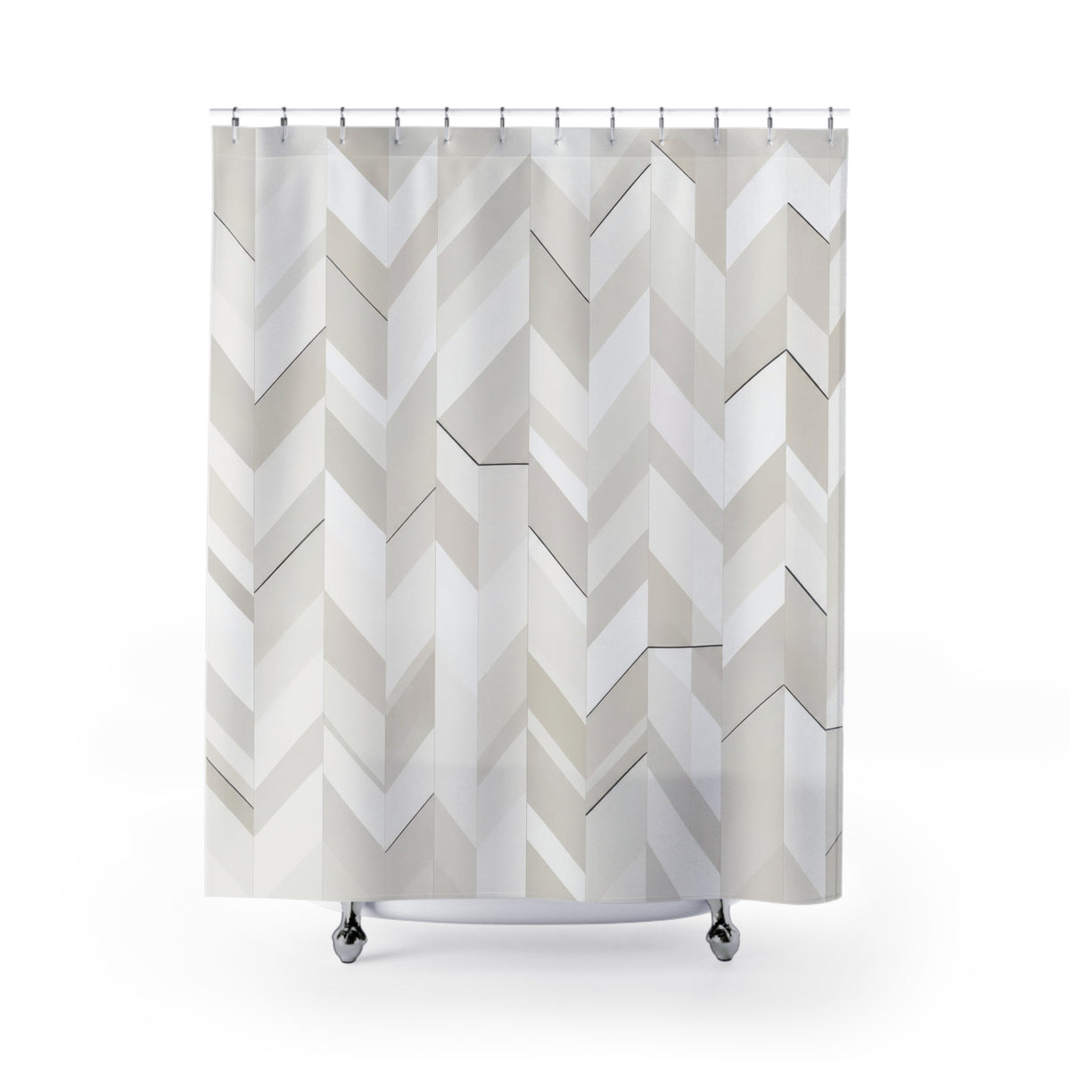 White and greige herringbone terraces with dark accents shower curtain with full front view