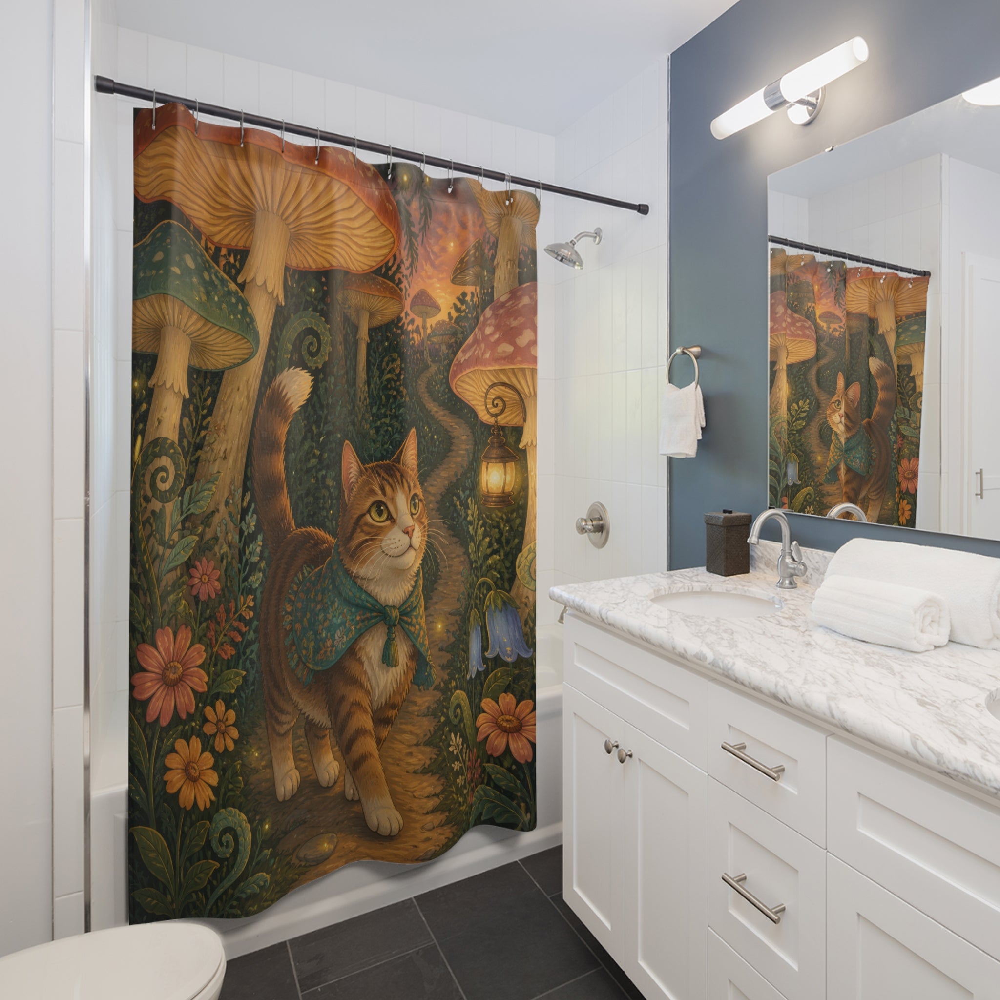 Cat strolling beneath glowing giant mushroom canopies shower curtain beside a white vanity