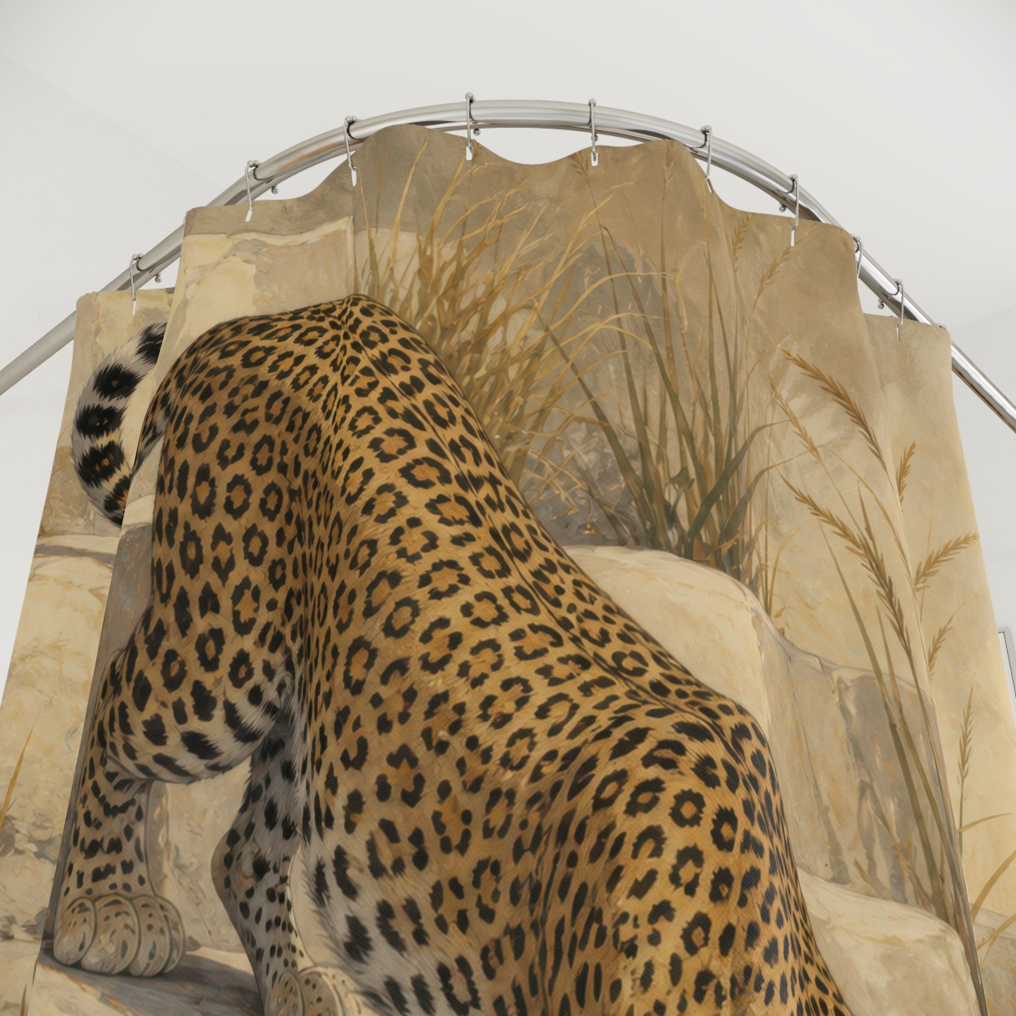 Golden leopard on sandstone steps shower curtain with close-up print, hooks, and folds