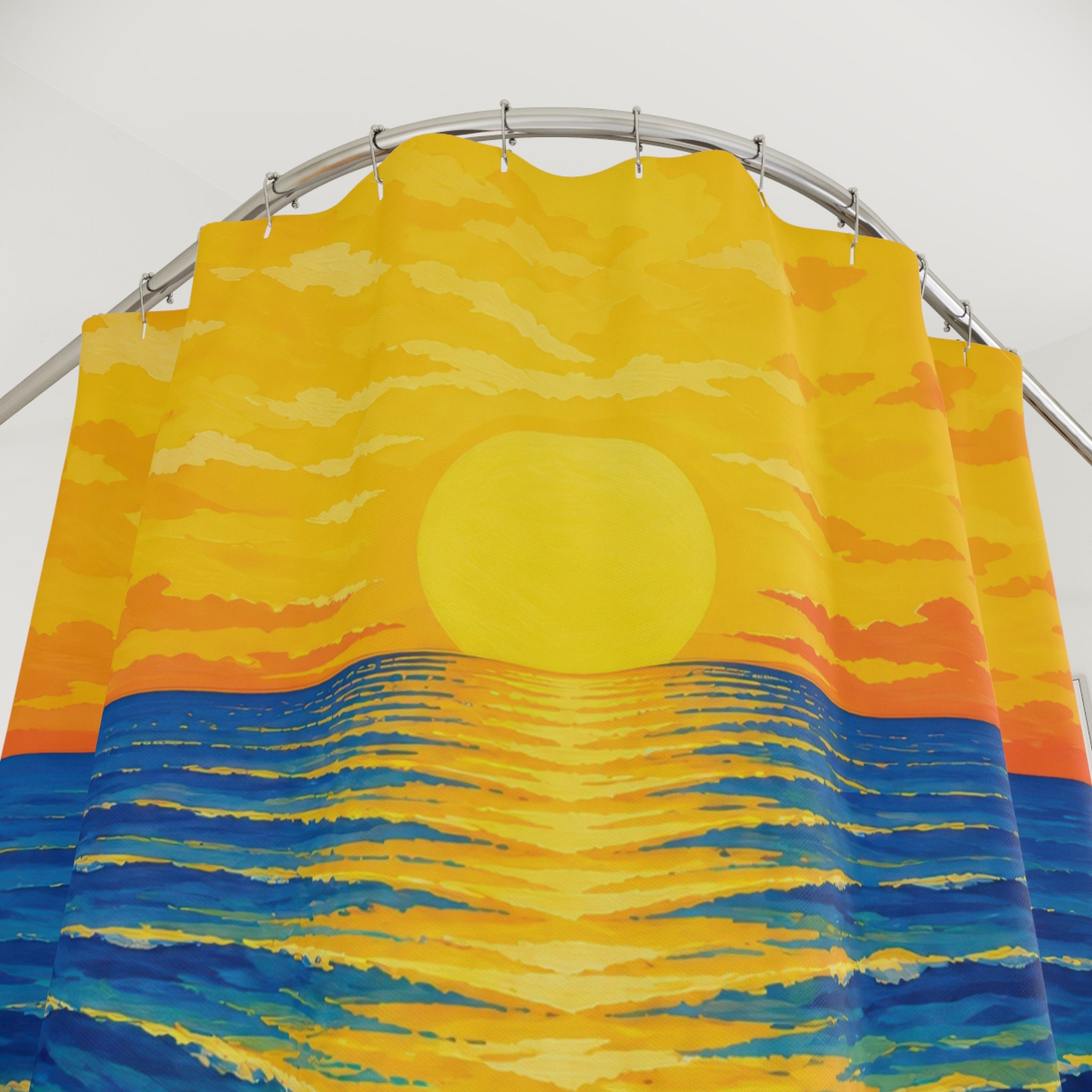 Yellow ocean sunrise over cobalt and teal waves shower curtain with close-up print, hooks, and folds