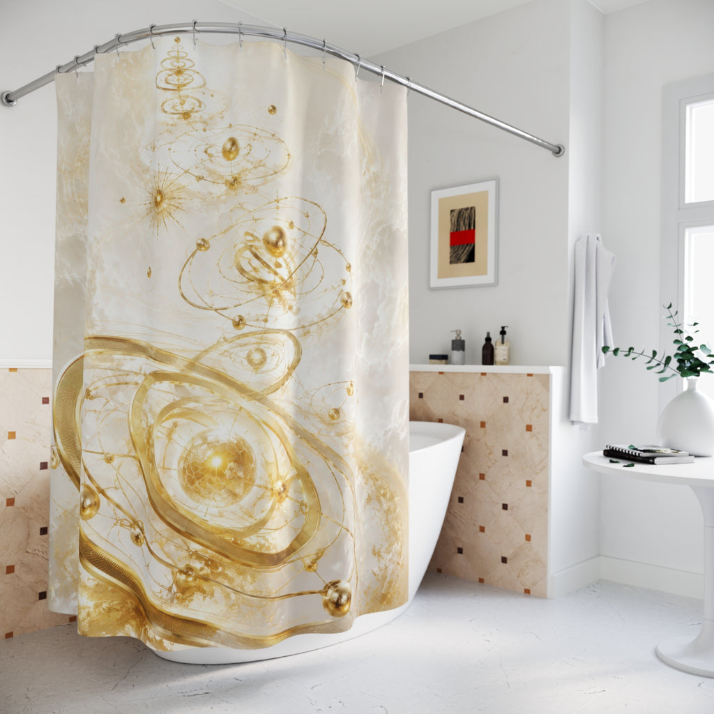 Gold celestial orrery with sun moons and stars shower curtain beside a freestanding tub