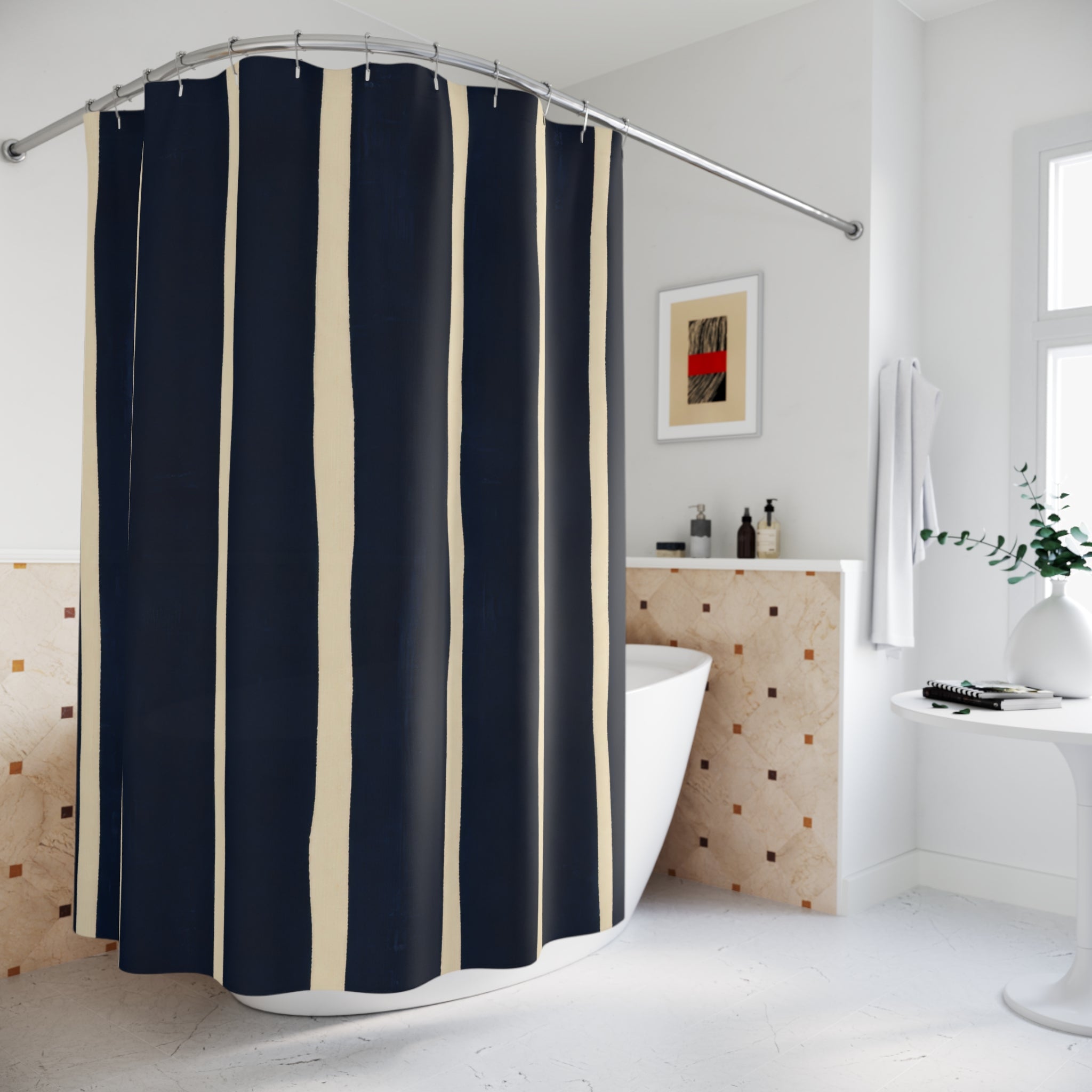 Dark Navy Cream Irregular Stripe Shower Curtain