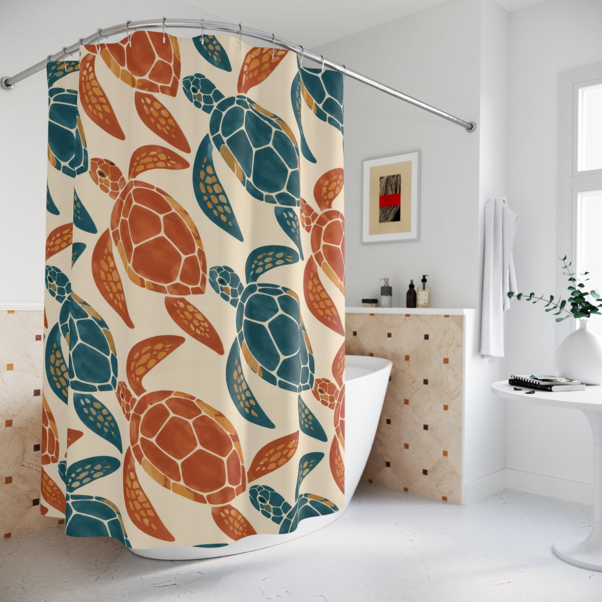 Teal and terracotta sea turtle pattern shower curtain beside a freestanding tub