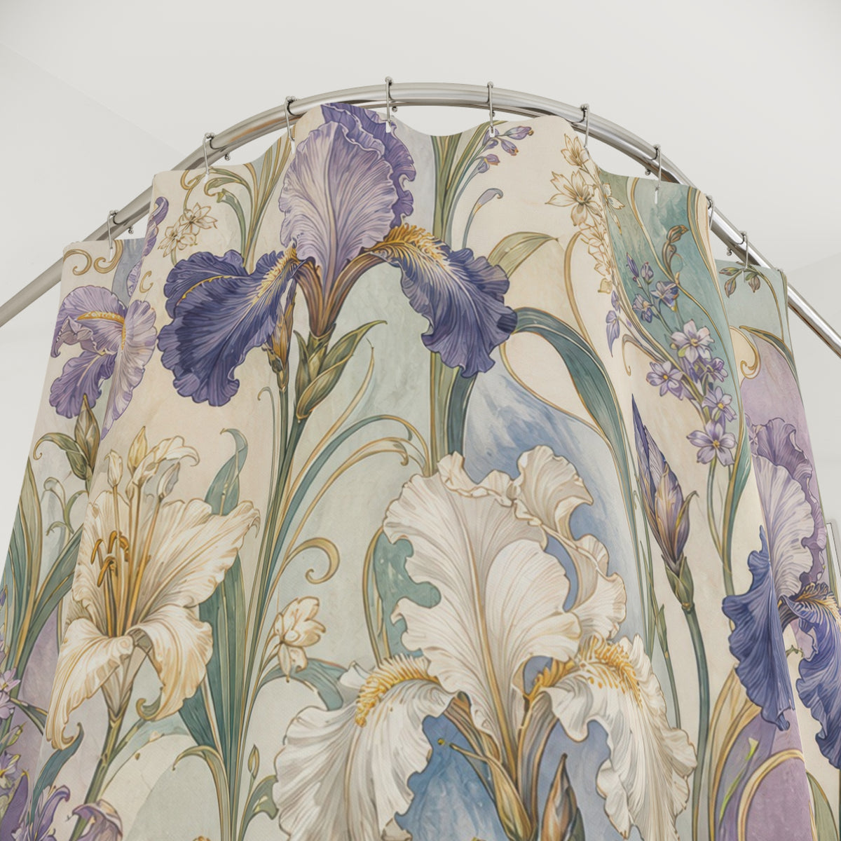 Blue Iris Floral botanical lavender shower curtain with close-up print, hooks, and folds