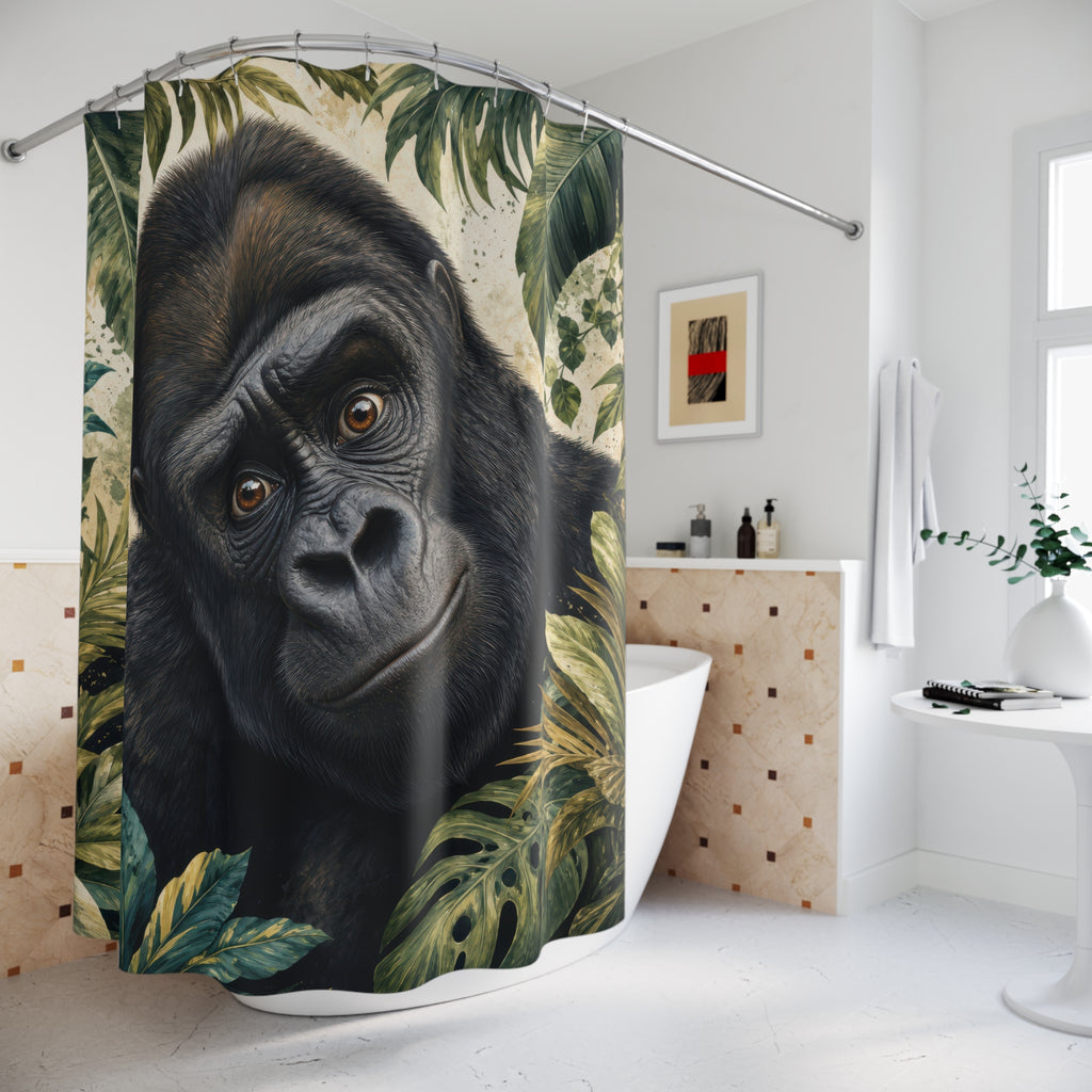 Unique Funny Gorilla Shower Curtain, Jungle Animal Portrait Art, Green Tropical Bathroom Decor, Tropical Wall Guest Bath Gift For Home