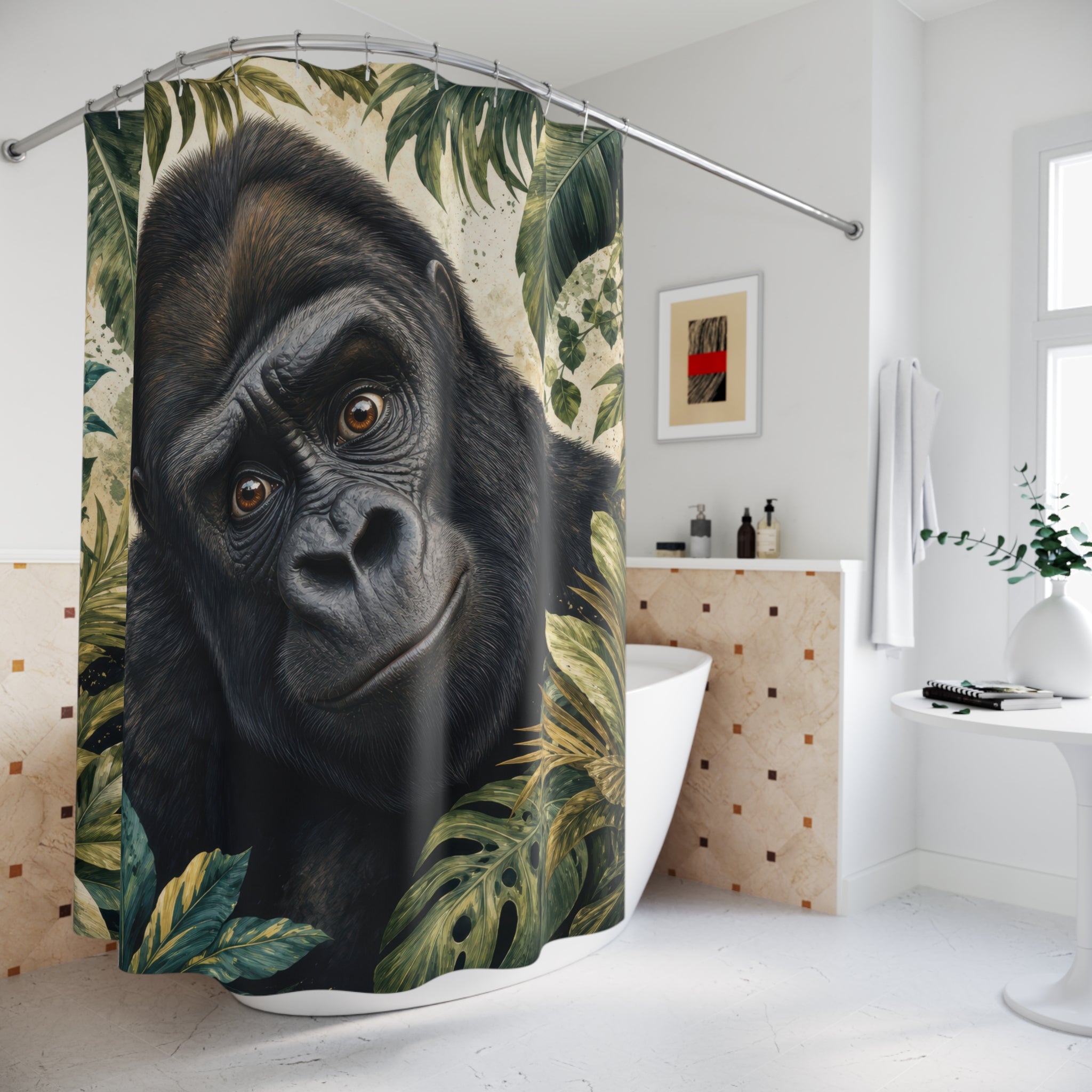 Unique Funny Gorilla Shower Curtain, Jungle Animal Portrait Art, Green Tropical Bathroom Decor, Tropical Wall Guest Bath Gift For Home