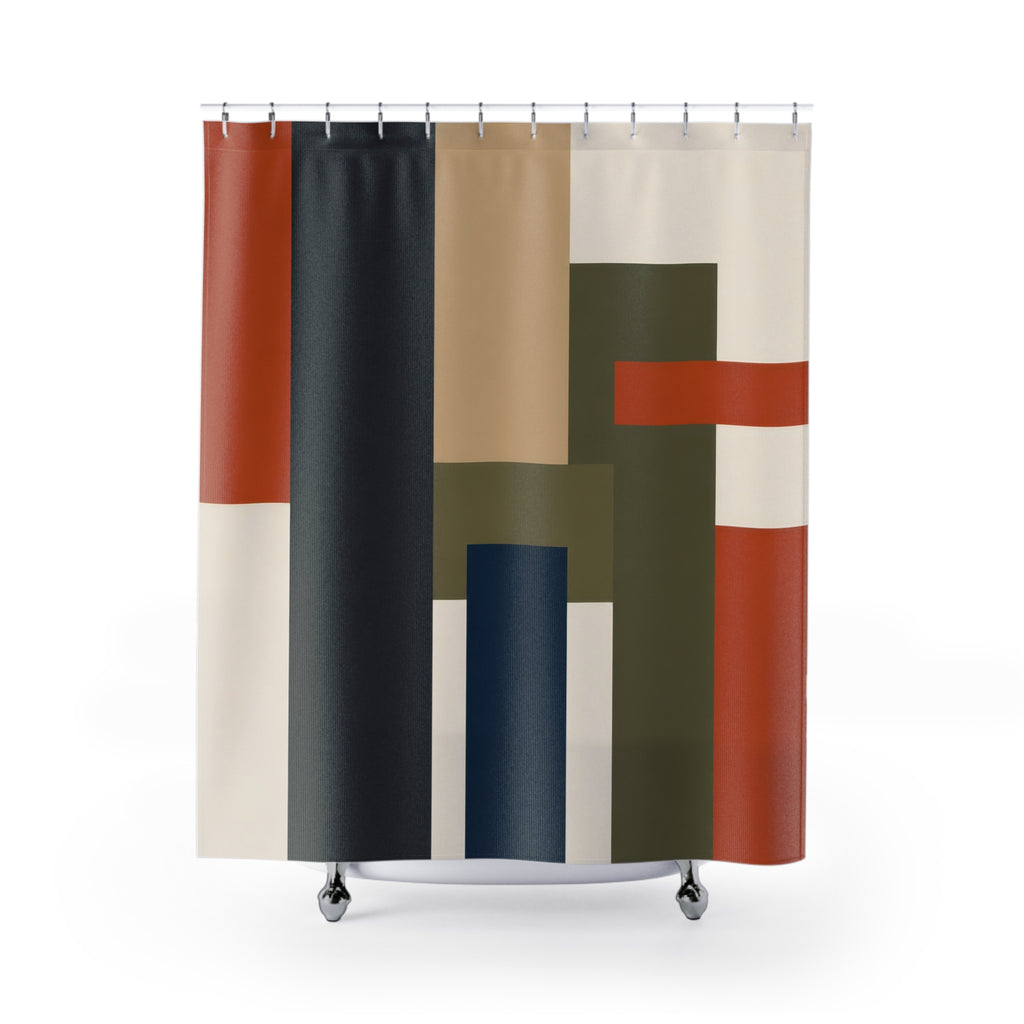 Charcoal rust and olive architectural blocks shower curtain with full front view