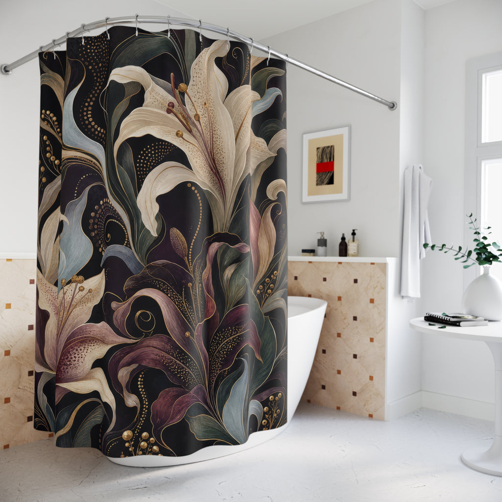 Dark Lily Shower Curtain, Black Plum Moody Bathroom Decor, Large Floral Bath Curtain, Dramatic Guest Bathroom Decor, Powder Room Decor
