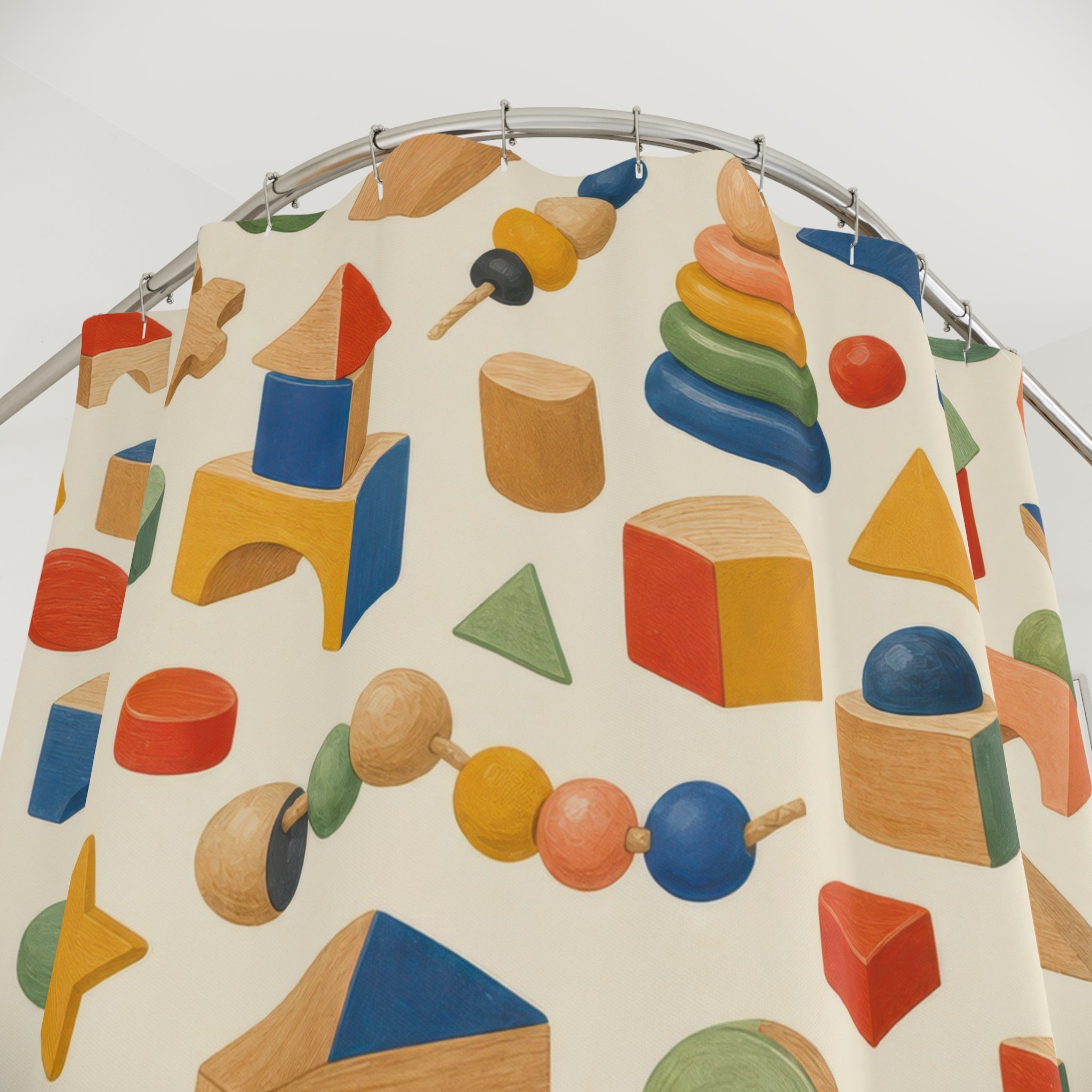 Kids Wooden Toy Shower Curtain, Block Stacking Pattern, Montessori Inspired Bathroom Decor, Playroom Nursery Wall Decor Guest Bath Gift