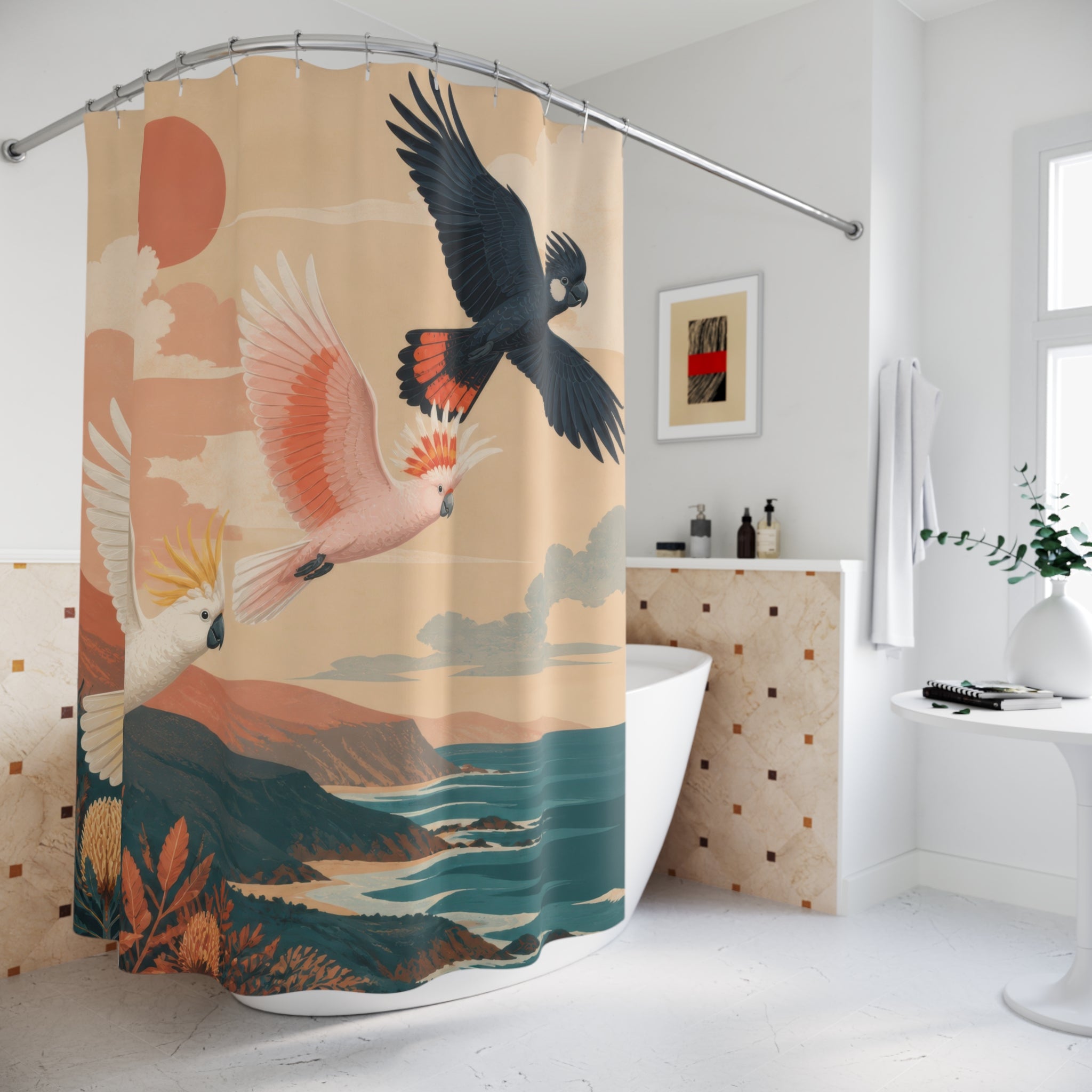 Three colorful cockatoos flying above coastal headlands at sunset shower curtain styled beside a freestanding tub