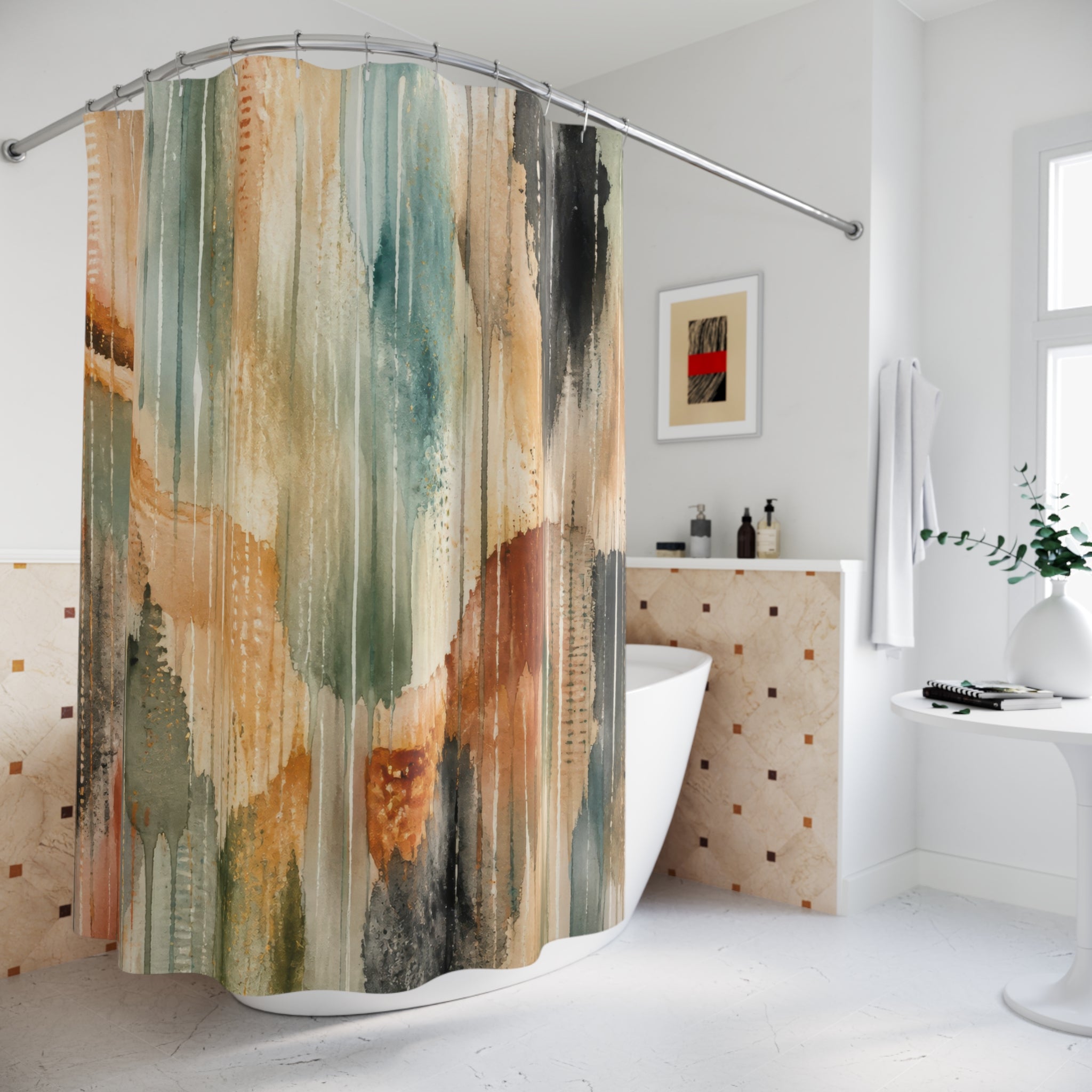 Unique Abstract Shower Curtain, Teal Orange Painterly Art, Modern Brush Stroke Bathroom Decor, Warm Neutral Guest Bath, Contemporary Art
