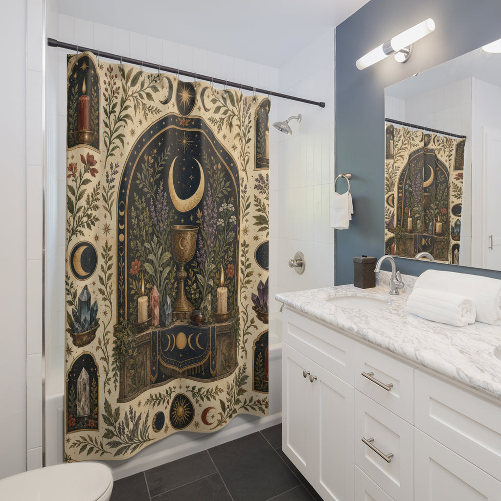 Wiccan celestial altar with moon phases chalice and crystals shower curtain beside a white vanity
