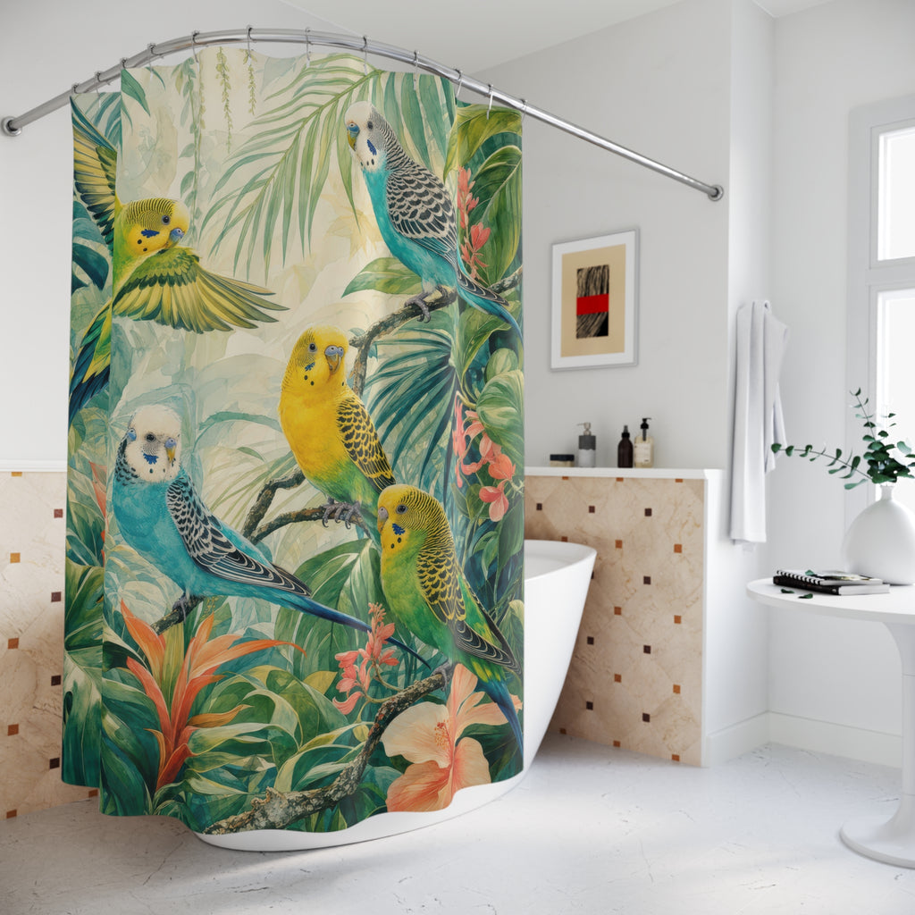 Parakeet Rainforest Canopy shower curtain beside a freestanding tub