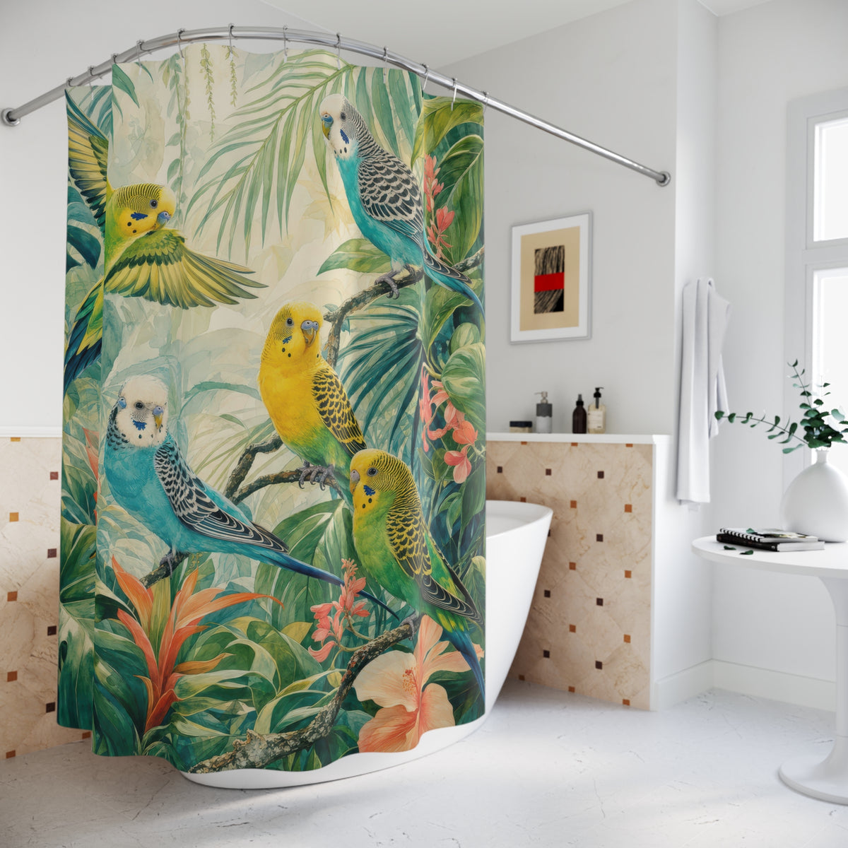 Parakeet Rainforest Canopy shower curtain beside a freestanding tub