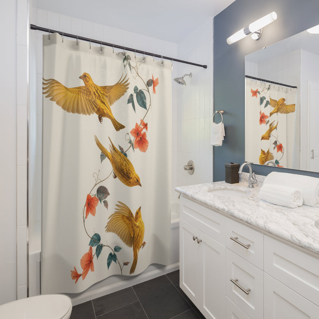 Three golden canaries flying among coral flowers on ivory shower curtain beside a white vanity