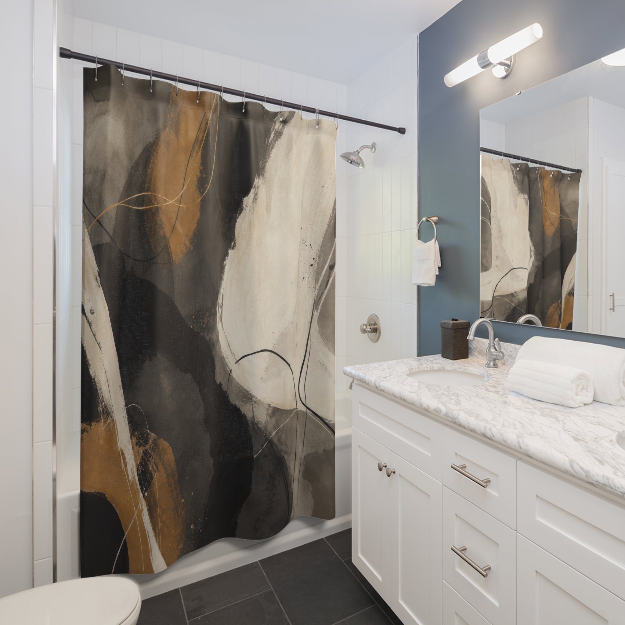 Gold Beige Abstract Brushstroke Shower Curtain
