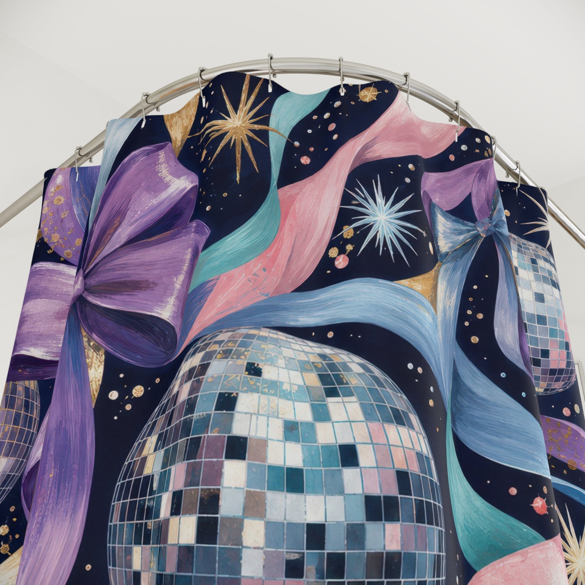 Midnight Navy Disco Ball and Bow Shower Curtain
