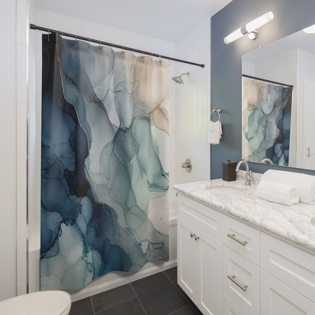 Navy Aqua Alcohol Ink Abstract Shower Curtain