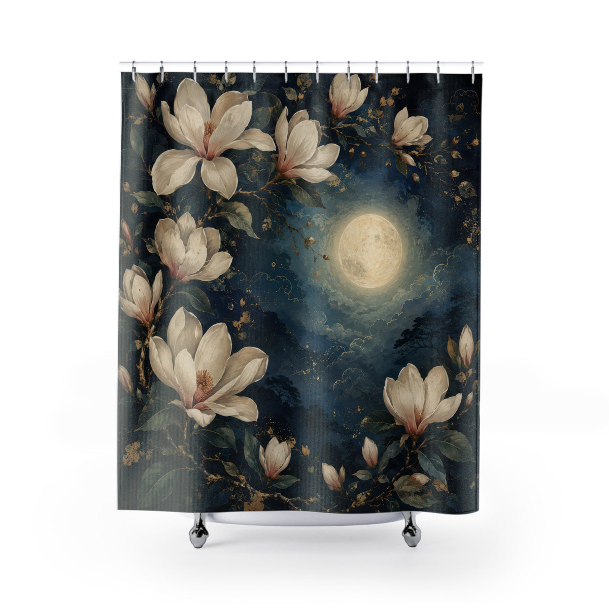 Moonlit ivory magnolia blossoms on midnight blue shower curtain with full front view