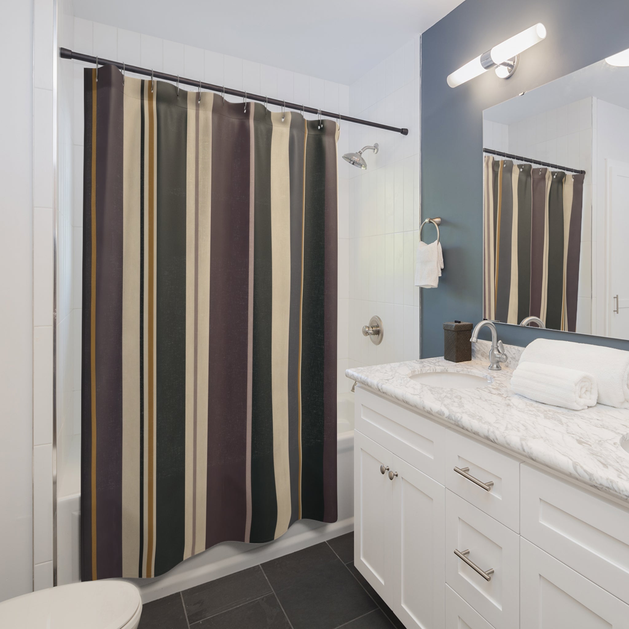 Dark Green Plum Vertical Stripe Shower Curtain