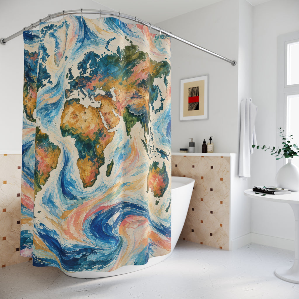 Colorful world map amid blue and coral ocean swirls shower curtain beside a freestanding tub