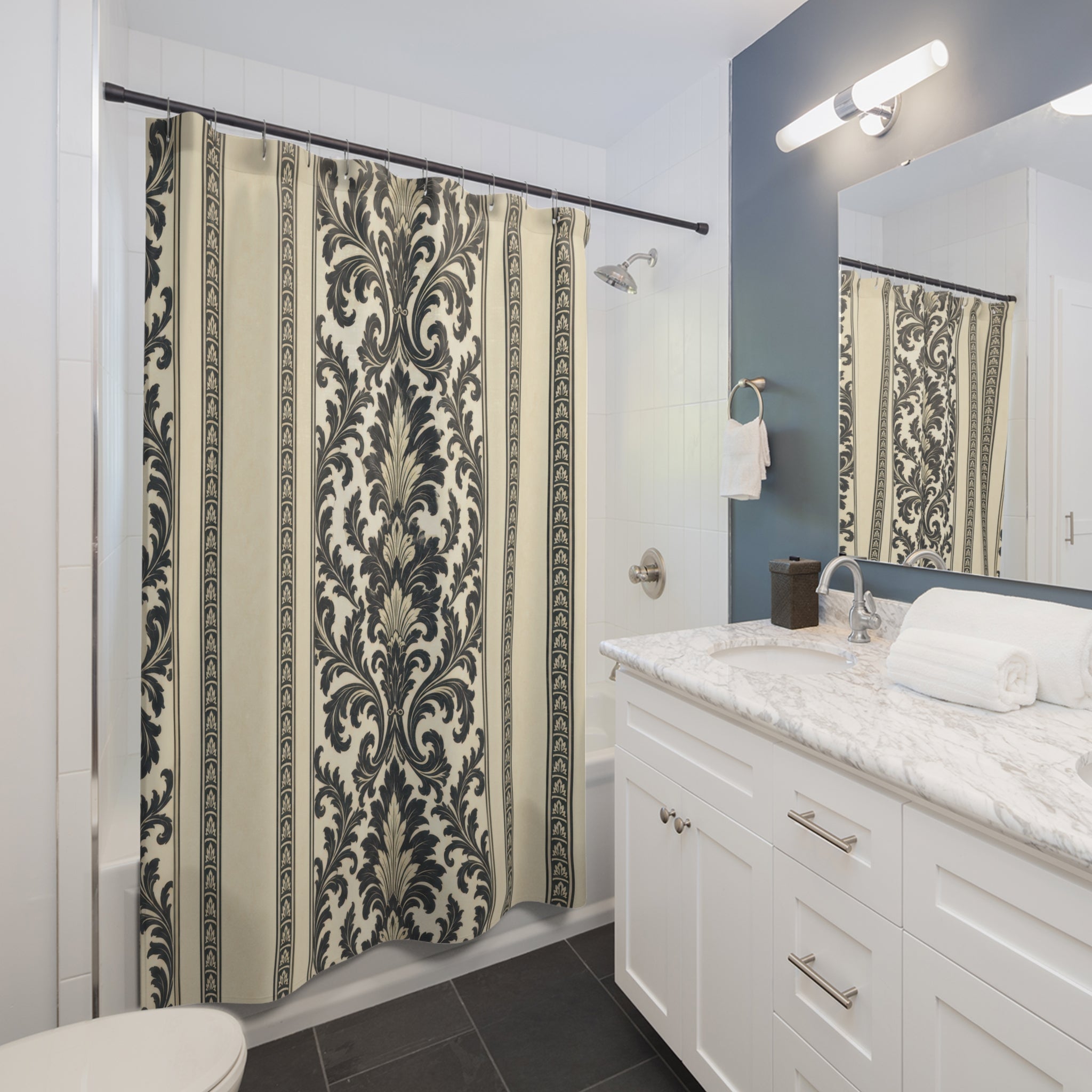 Charcoal Ivory Baroque Damask Shower Curtain