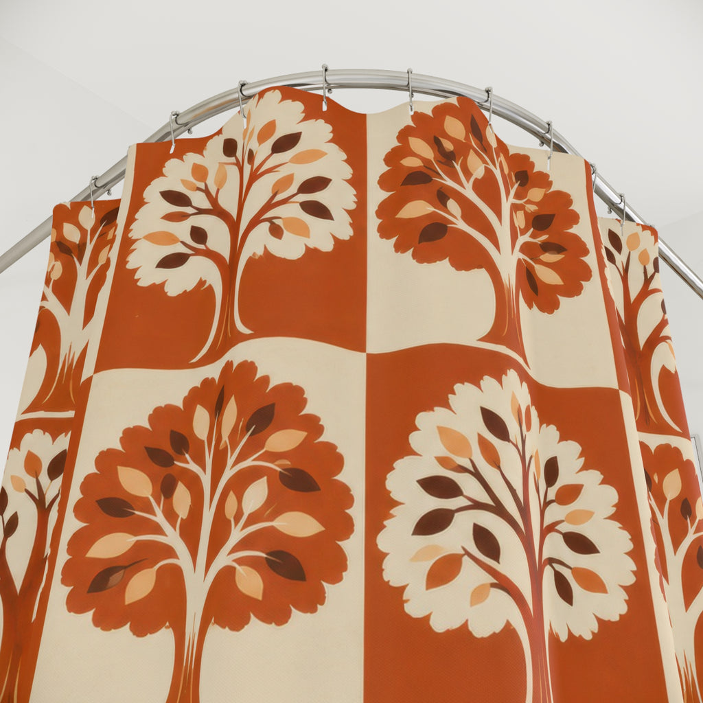 Orange and cream tree checkerboard shower curtain with close-up print, hooks, and folds