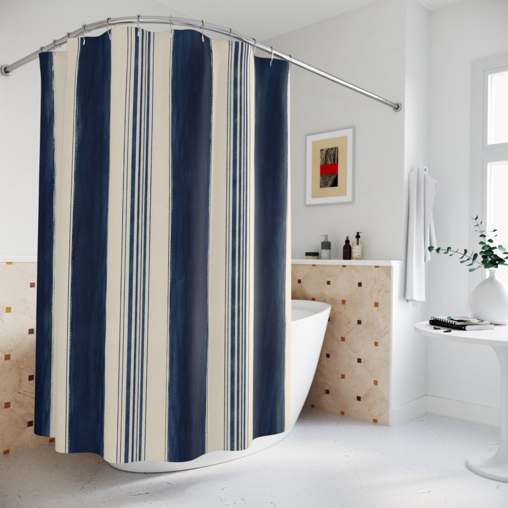 Navy Ivory Vertical Stripe Shower Curtain