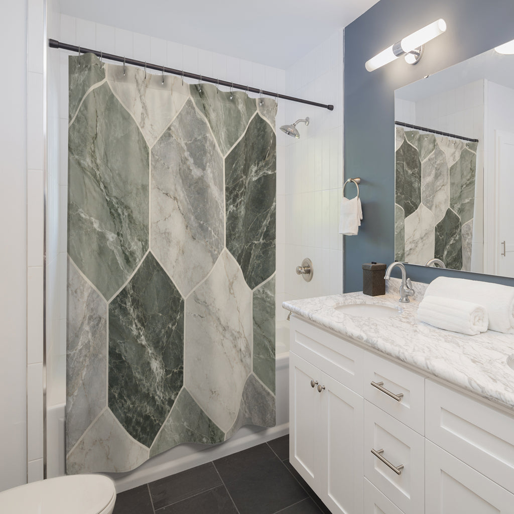 Sage, ivory and gray marble in elongated hexagons shower curtain beside a white vanity