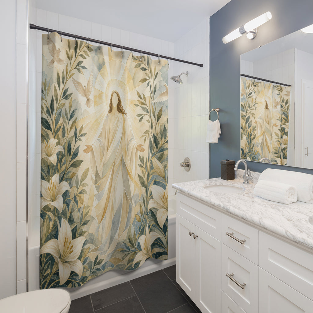 Jesus Shower Curtain, Christian Floral Lily Scene, Religious Bathroom Decor, Peaceful Guest Bath Inspirational Art Style