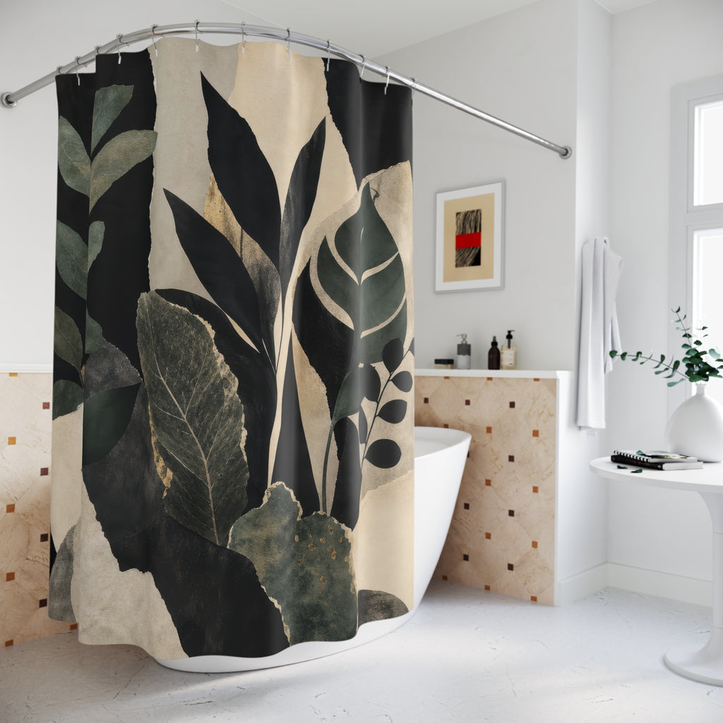 Black Botanical Shower Curtain, Deep Green Leaf Bath Decor, Cream Tropical Foliage Pattern, Moody Nature Guest Bathroom Decor Style