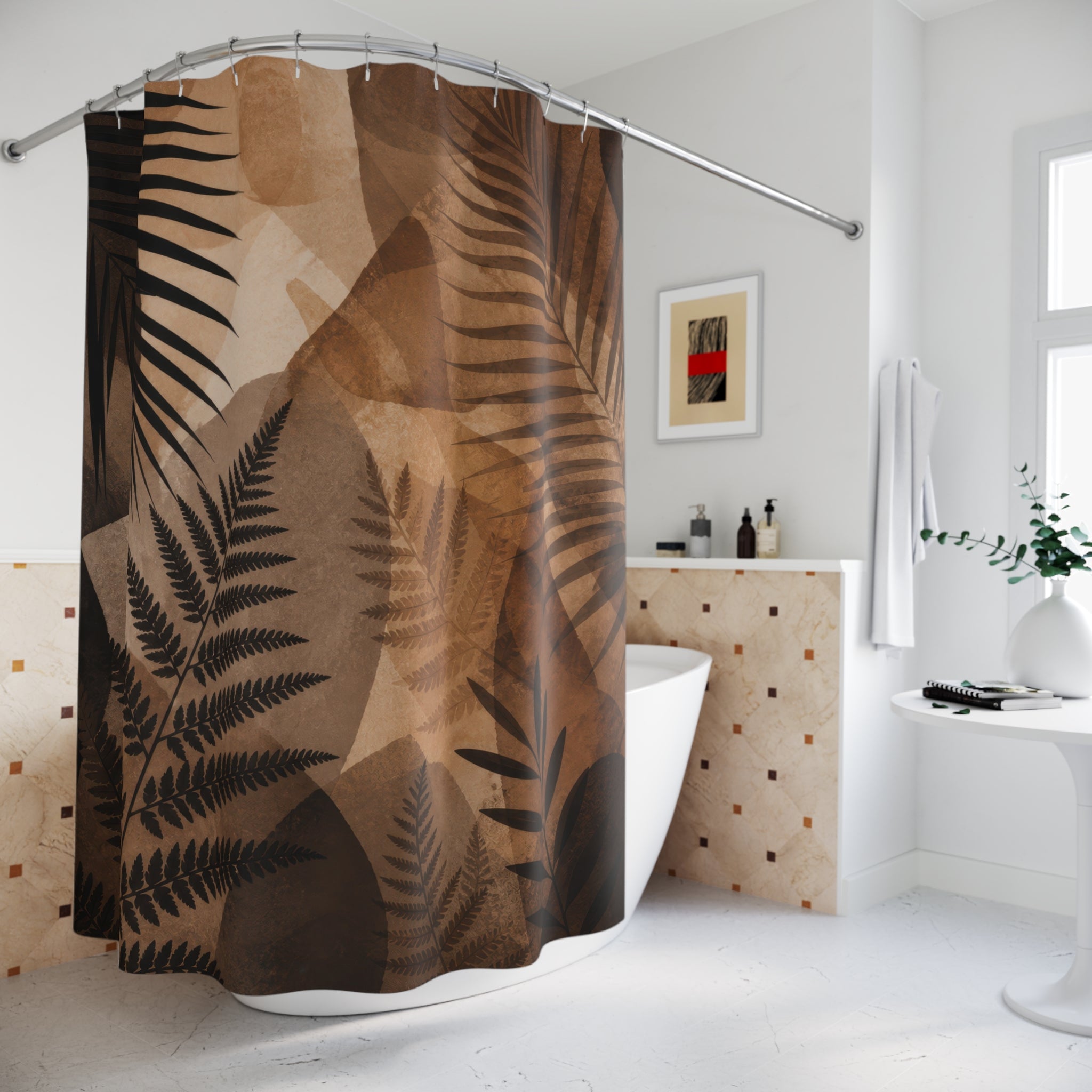 Palm Shower Curtain, Brown Beige Botanical Bath Decor, Sepia Fern Leaf Pattern, Warm Tropical Nature Leaf Guest Bathroom Decor Style