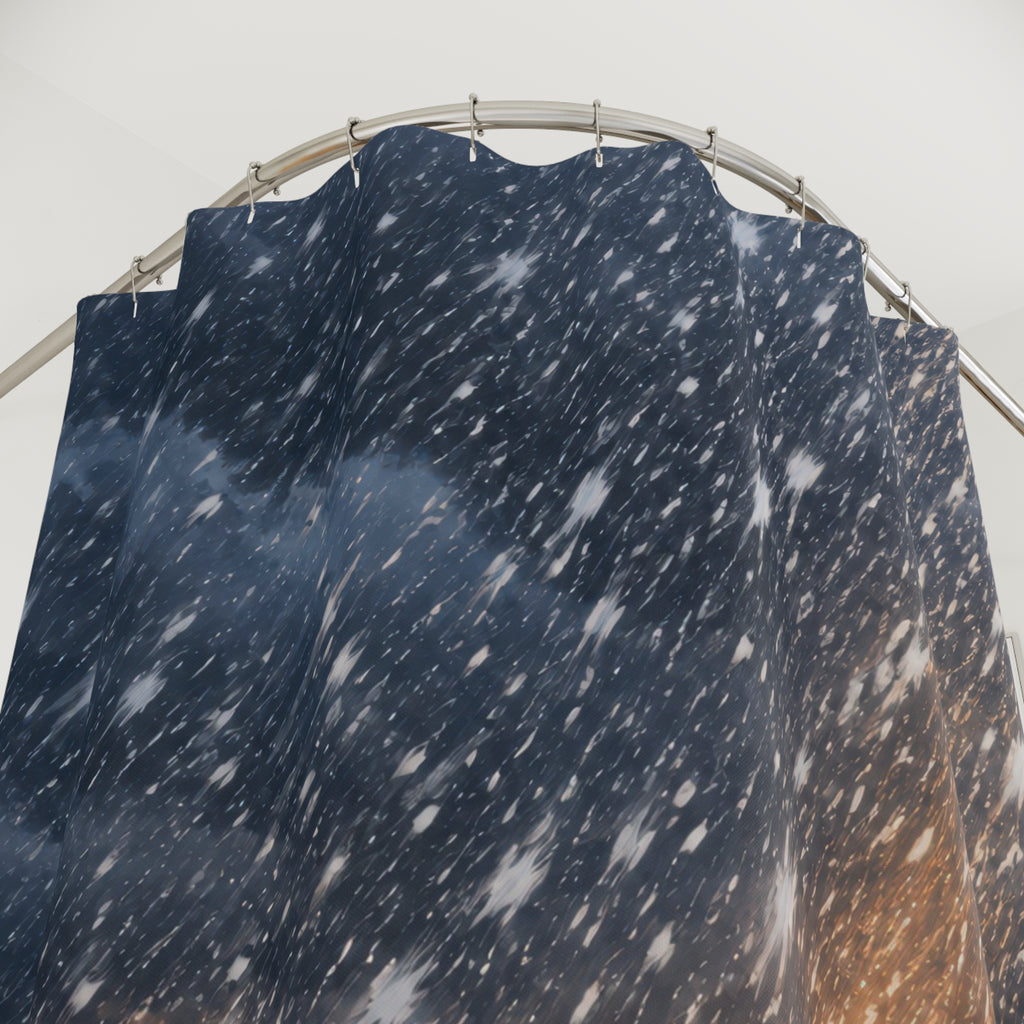 Western mesa snowfall shower curtain with close-up print, hooks, and folds