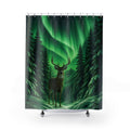 Buck under green aurora in snowy pines shower curtain with full front view