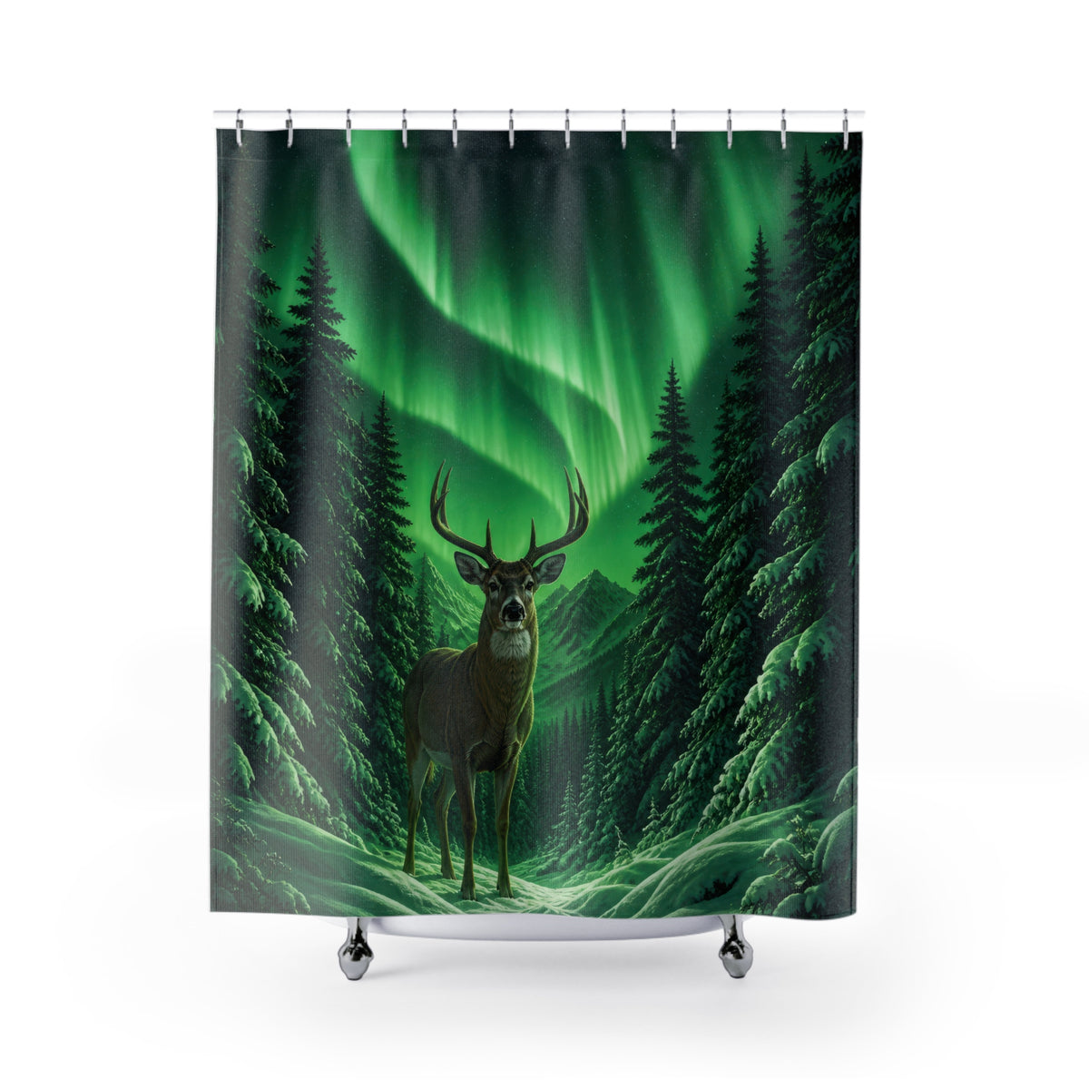 Buck under green aurora in snowy pines shower curtain with full front view