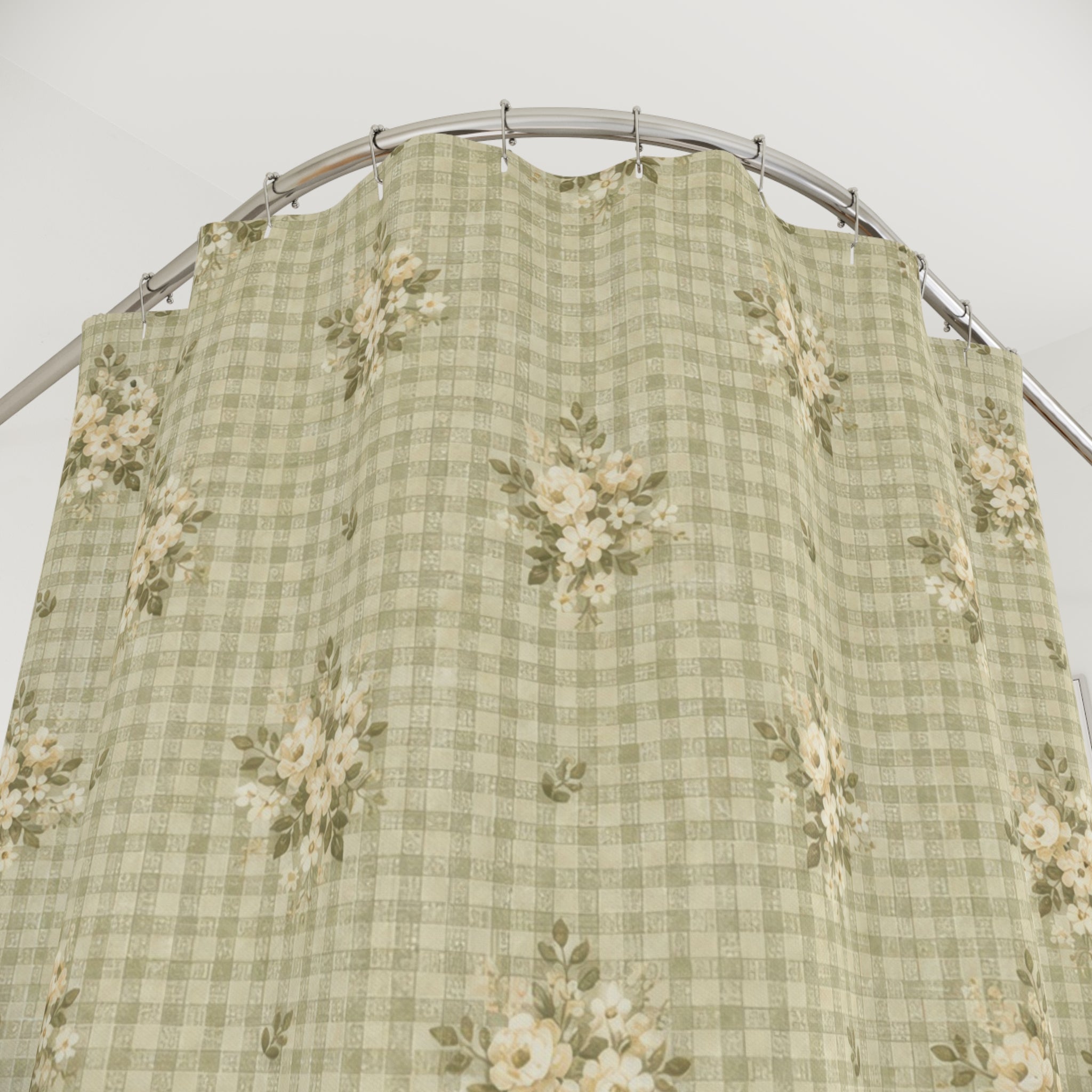 Sage Green Check Daisy Shower Curtain