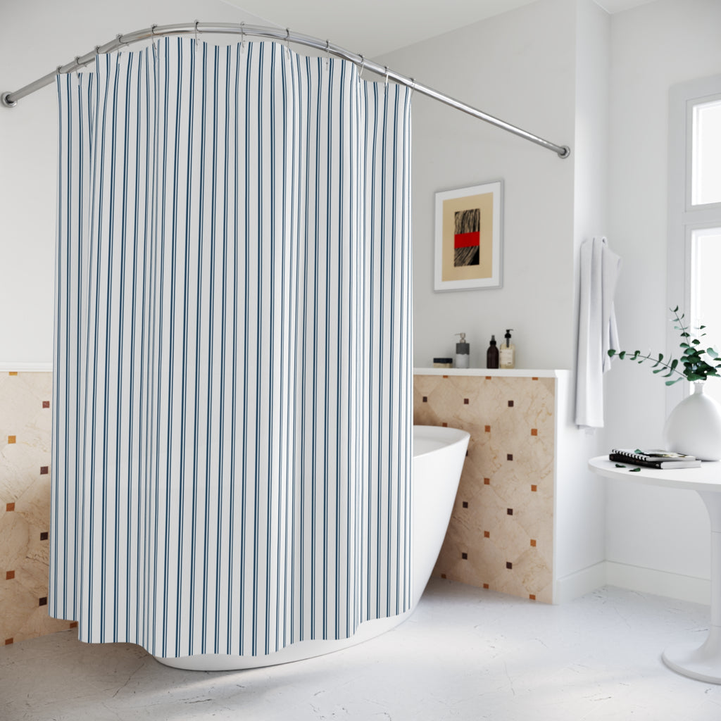 Navy Pinstripe Shower Curtain — Classic Ticking