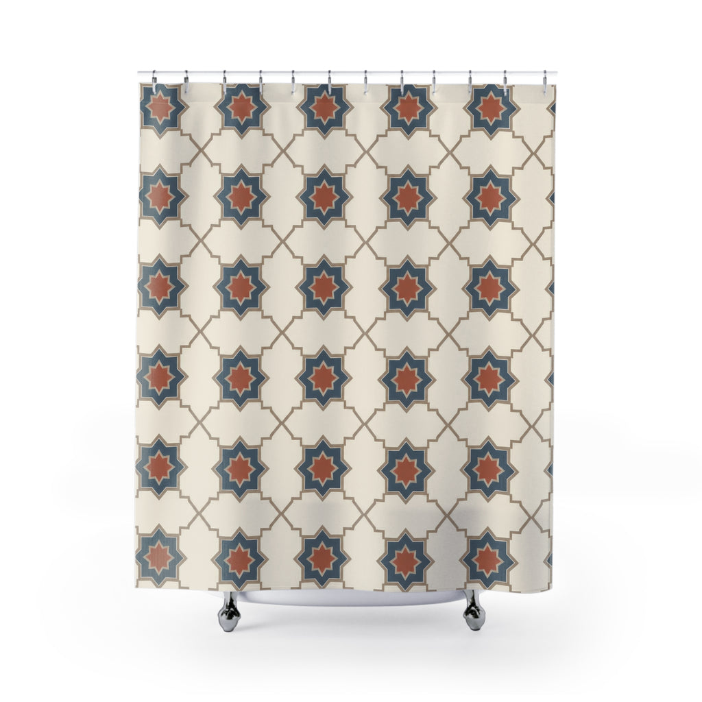 Blue stars with terracotta centers and ivory cross shapes shower curtain with full front view