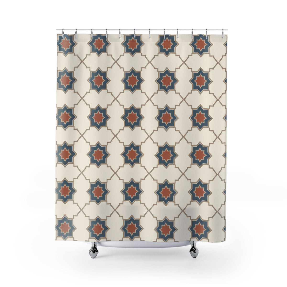 Blue stars with terracotta centers and ivory cross shapes shower curtain with full front view