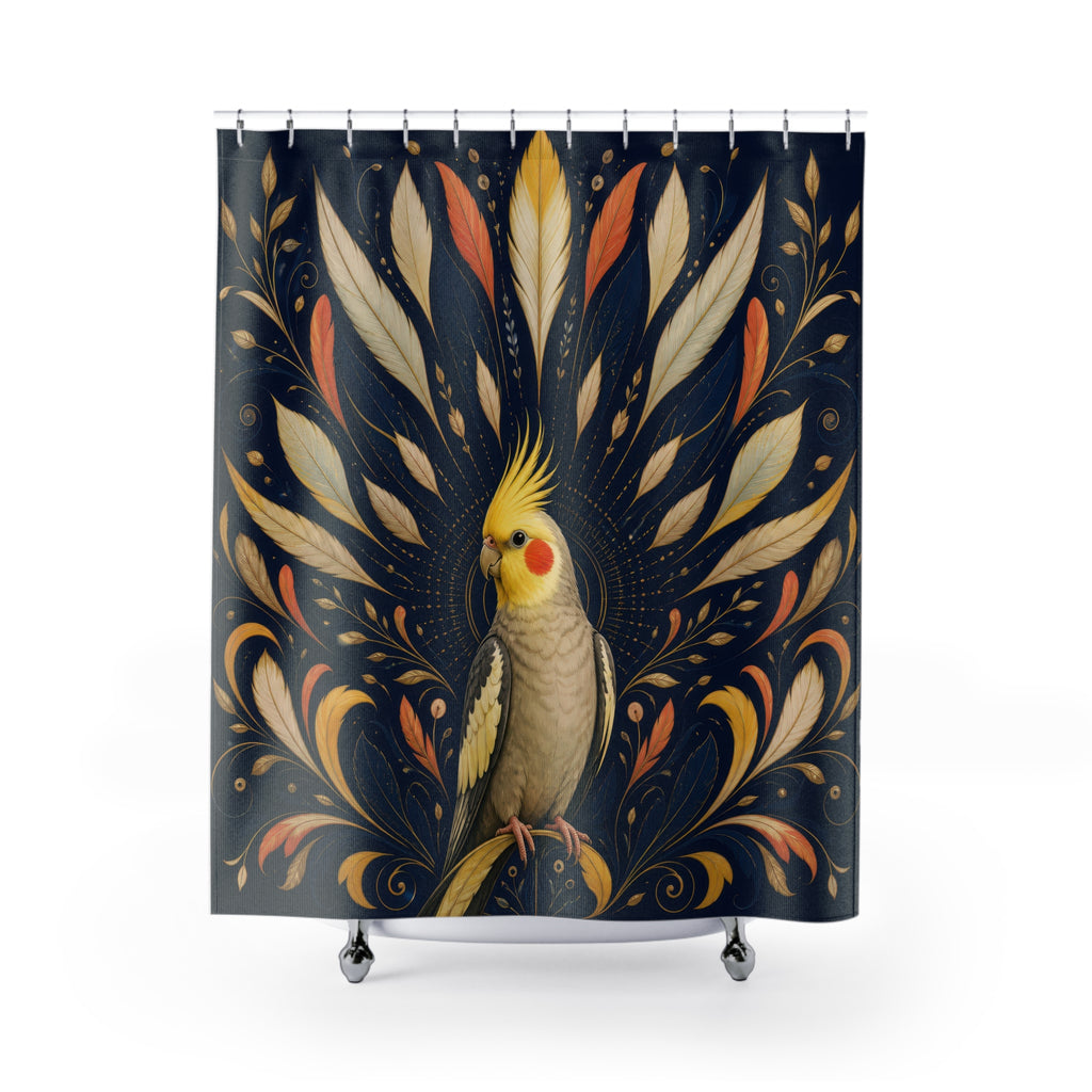 Yellow crested cockatiel in a navy feather sunburst shower curtain, full front view